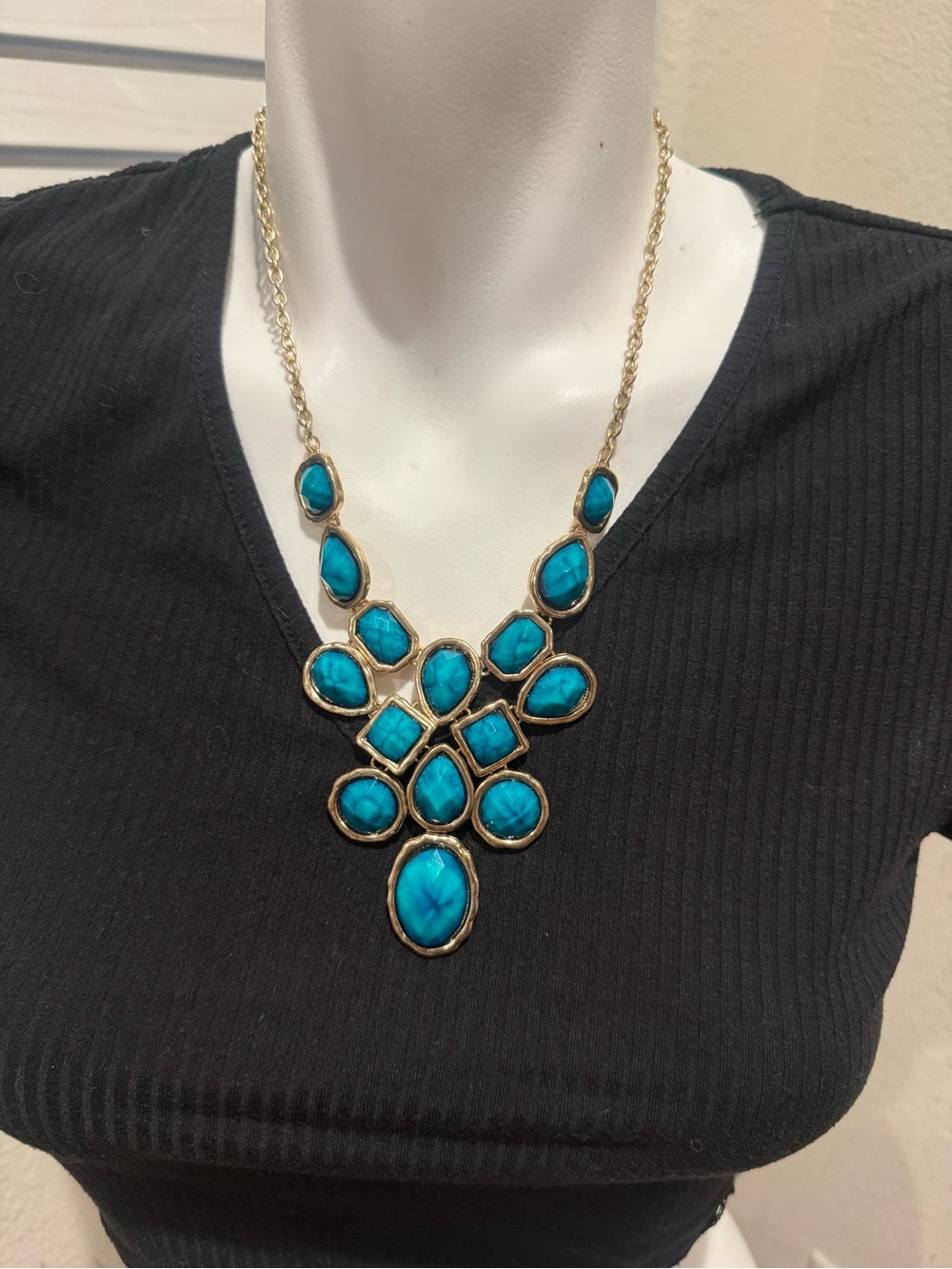 Gold-Plated Statement Necklace with Turquoise Stones